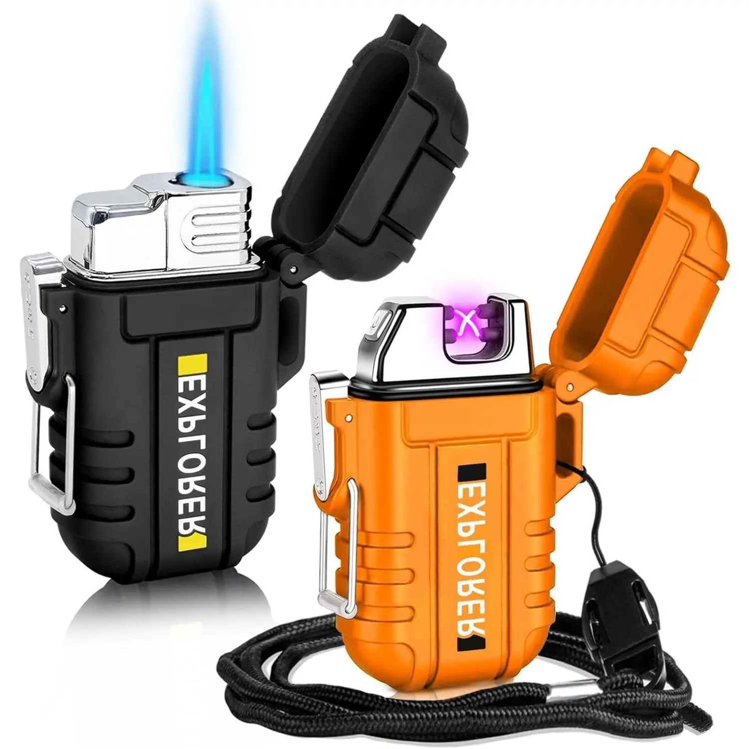 BY-020 2 Pack Waterproof Lighter keychain Outdoor Windproof Torch Lighters Dual Arc Butane Electric Lighters USB Rechargeable Lighters Flameless Plasma Lighter keychain Camping Hiking Adventure Survival Tactical Gear Camouflage+Black