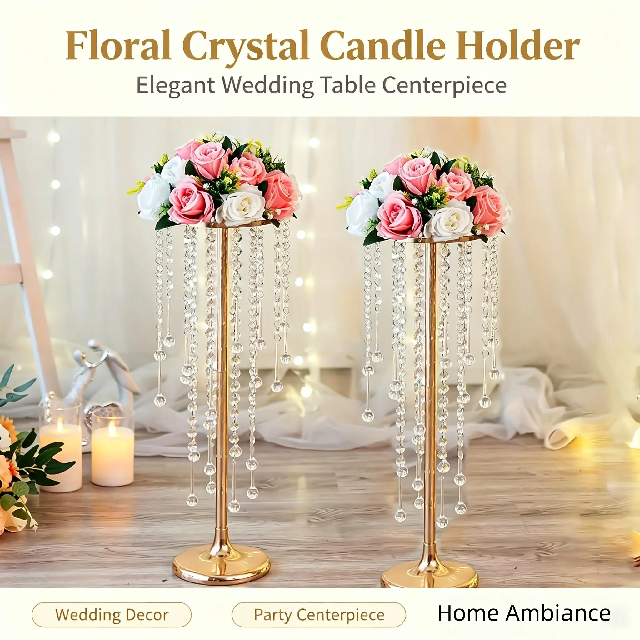 Set of 2 Gold Tall Flower Stand with Crystal Beads, Metal Wedding Table Centerpiece Vase Holder, Elegant Floral Display Rack for Wedding Reception, Bridal Shower & Banquet Decor, Flowers Not Included