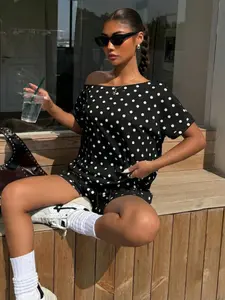 Women's High-End Knit Summer Off-The-Shoulder Polka Dot Set, Casual Above-The-Knee Loose-Fitting, Sporty Style