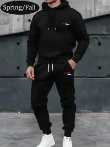 Men's spring and autumn thin letter print pattern hoodie and sweatpants set, stylish casual men's pocket sports elastic waist drawstring pants two-piece set, suitable as a gift for husband or boyfriend