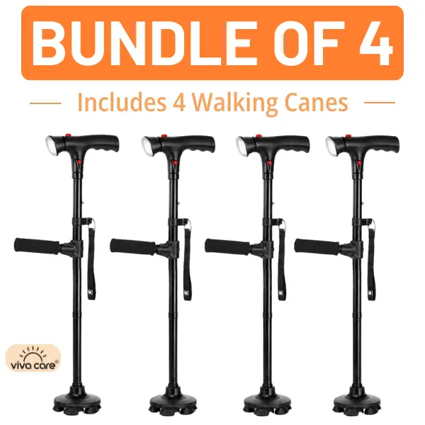 VIVA CARE Walking Stick with LED Light & Alarm Bundle of 4– Lightweight, Foldable, Adjustable, Quad Base, Size L