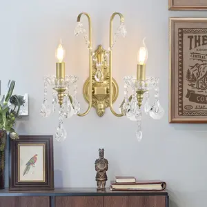 Garwarm 2-Light Modern Crystal Wall Light with Teardrop Crystals and Metal Frame, Gold Wall Mounted Lamp for Bedroom, Living Room, Bedside, Corridor, stairwell