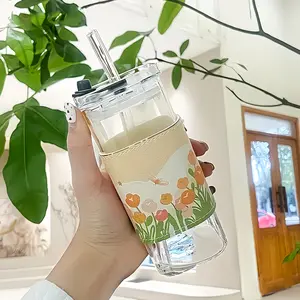 1/2/4-Piece Reusable Summer Straw Mug Set - New 12oz Glass Travel Mug, Glass Tumbler - Designed to be heat-resistant and shatterproof, comes with a lid and straw, suitable for hot and cold drinks, perfect for outdoor adventures.