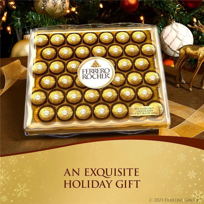 Ferrero Rocher Premium Gourmet Milk Chocolate Hazelnut Holiday Gift Box, 48 Count, 21.2 Oz, Crispy Wafers, Crunchy Hazelnut, Individual Packs, Creamy Bonbon Snack Dessert