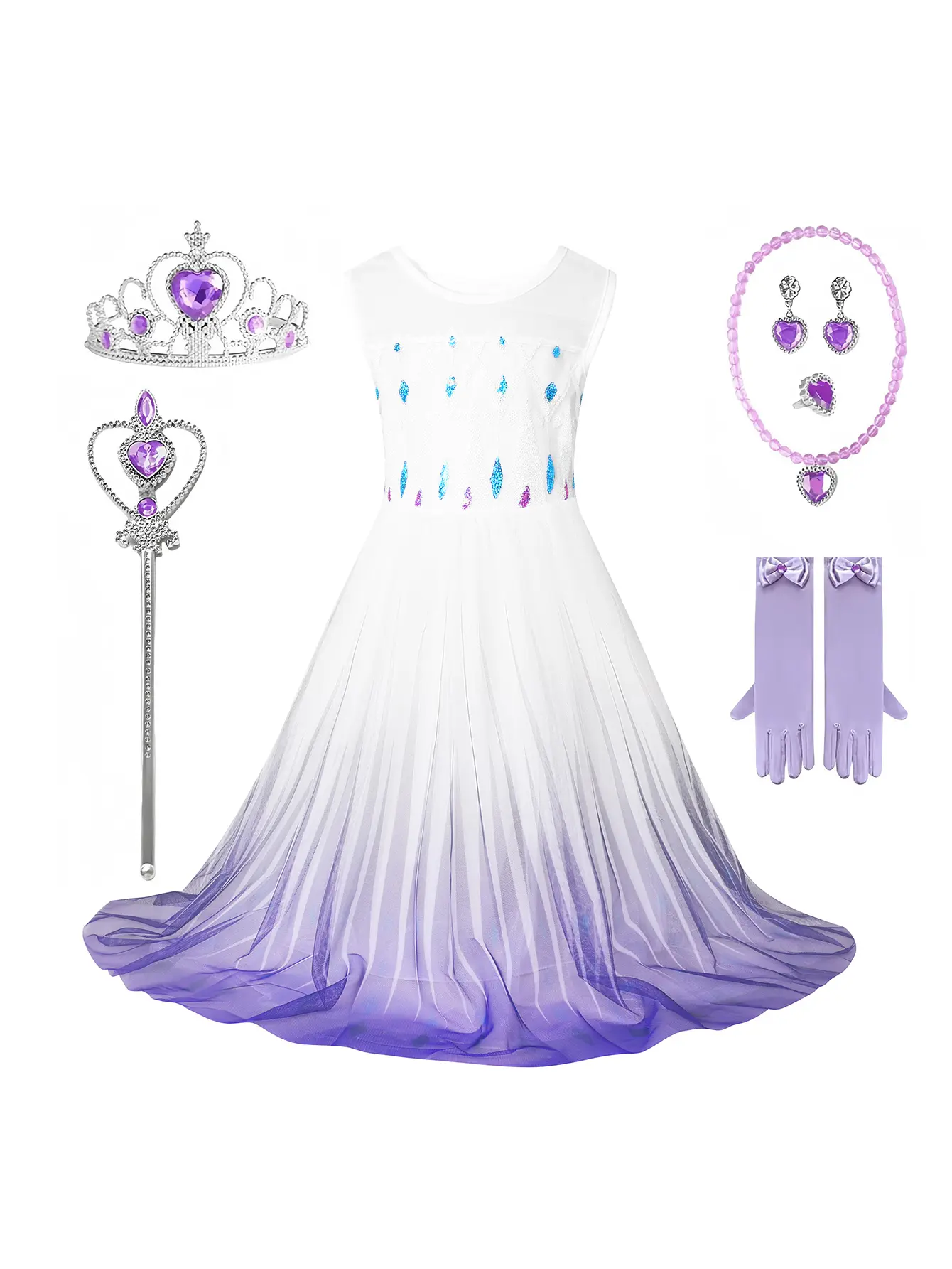 7Pcs Kids Princesscostume Purple Tulle Sequin Dress Girl's Frozen Princess Clothes with Wand, Crown, Earing, Necklass&Gloves 4-12Years Girls' Party Performance Costume Set