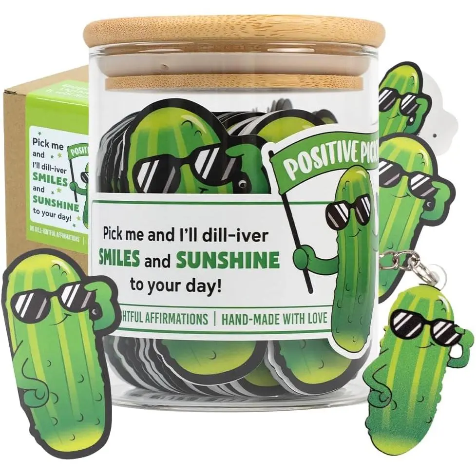 Positive Pickle Glass Jar Kit with Storage - Office Stationery, 80 Affirmation Cards, Colorful Synthetic Decorations, Energy Boost for Female Adults, Birthday Gift Ideas for Girlfriend & Coworkers