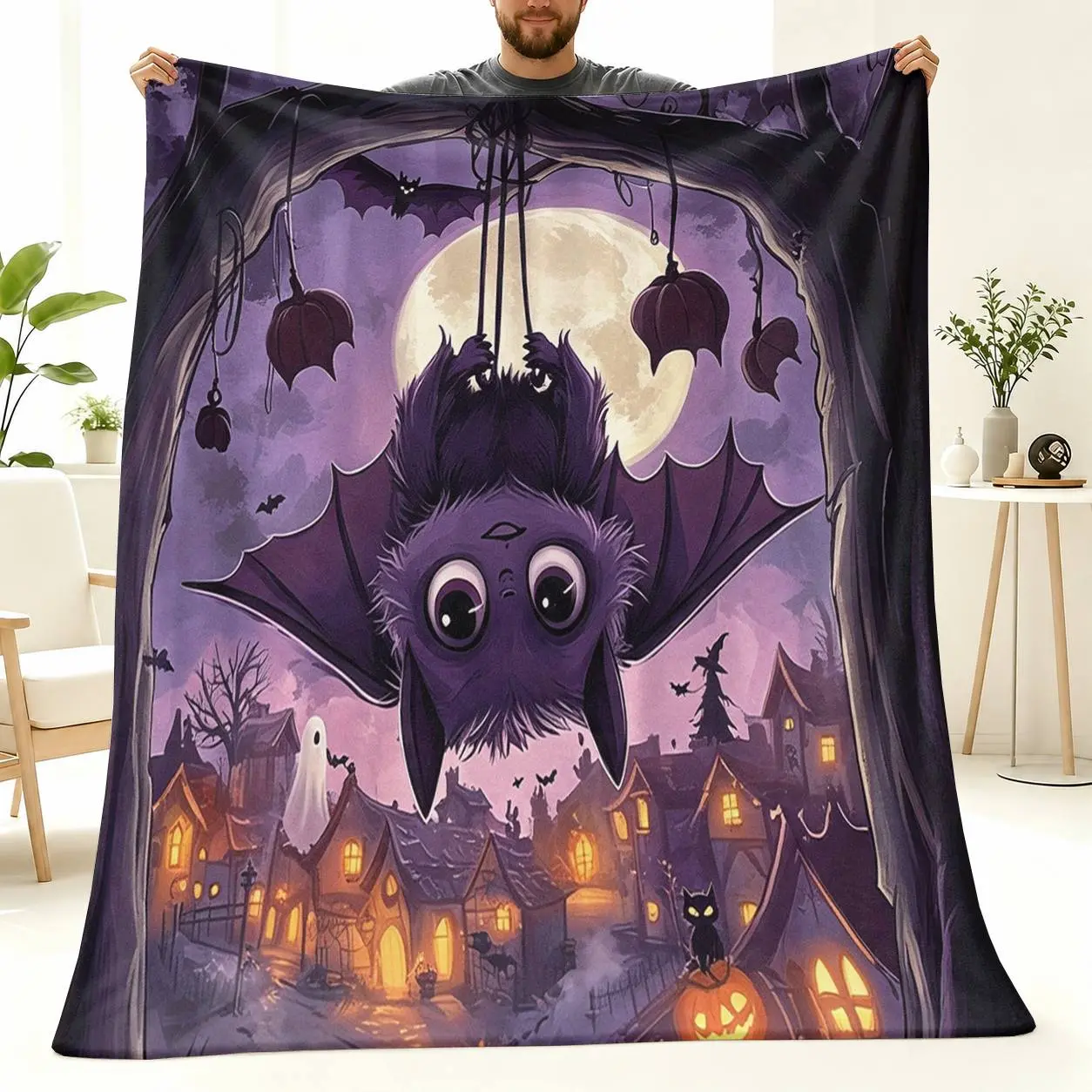 1 Bat, Humorous and Landscape Design, Skeleton Blanket, Grim Reaper Decor, Goth Blanket, Throw Blanket, Spooky Home Decoration