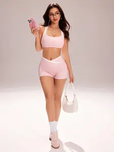 Women's Yoga Sportswear Set, Colorblock Criss-Cross Tank Top & High-Waist Plaid Shorts, Breathable Compression for Fitness Training