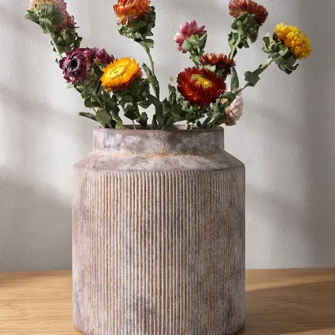 Ivydale 7-Inch Ribbed Terracotta Ceramic Multi-Use Crock Vase - Waterproof, Farmhouse Rustic Retro Short Wide-Mouth Vase for Kitchen Ornaments, Dry Flower Arrangements, Home Goods Gifts