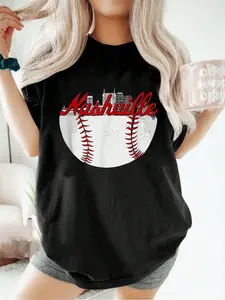 100% pure cotton Nashville Skyline Cityscape Baseball Retro Vintage printed t-shirts for women