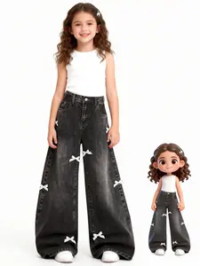 Trendy Girls' Coquette Aesthetic Jeans  Black Denim with Polka Dot Ribbons, Y2K Baggy Fit for Spring 2026 School Look, Perfect Gift for Tween Girls 8-12Y