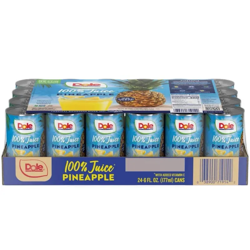 Dole 100% Pineapple Fruit Juice, 8 fl oz Cans (24 Count) - Vitamin C-Infused, No Added Sugars, Fat-Free, Cholesterol-Free, Lower-Calorie, Ready-to-Drink, Shelf-Stable Beverage with Natural Nutrition, Pineapple Juice