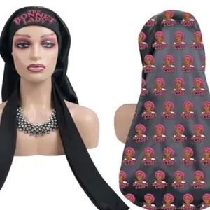 The Bonnet Lady Royal Glow Satin Head Wrap for Locs with Unique Pink Bonnet Lady Pattern on Black Background