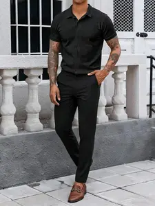 Men's Solid Color Short Sleeve Top and Long Pants Set, Comfortable Daily Wear, Suitable for Formal and Casual Occasions