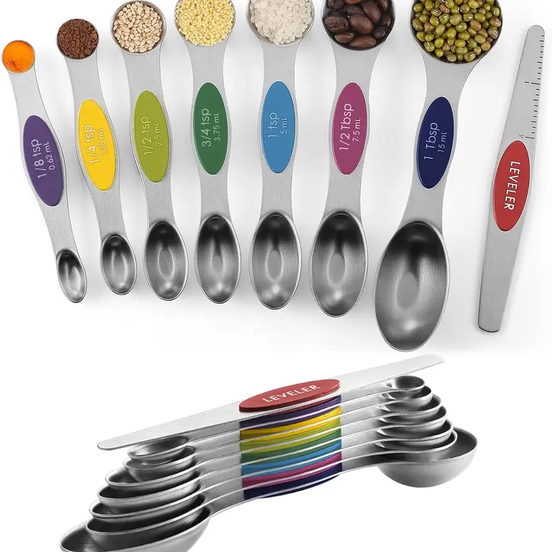 Pack of 8 Stainless Steel Magnetic Measuring Spoons Set, Dual Sided, Stackable, Adjustable Teaspoon and Tablespoon Measure Spoon with Leveler, Kitchen Gadgets