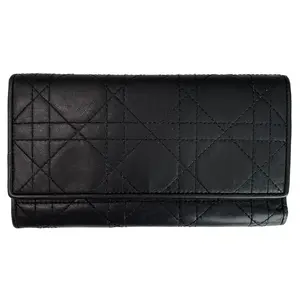 Pre-owned Dior Wallet Small Leather Goods Christian cannage Black leather long authentic with COA