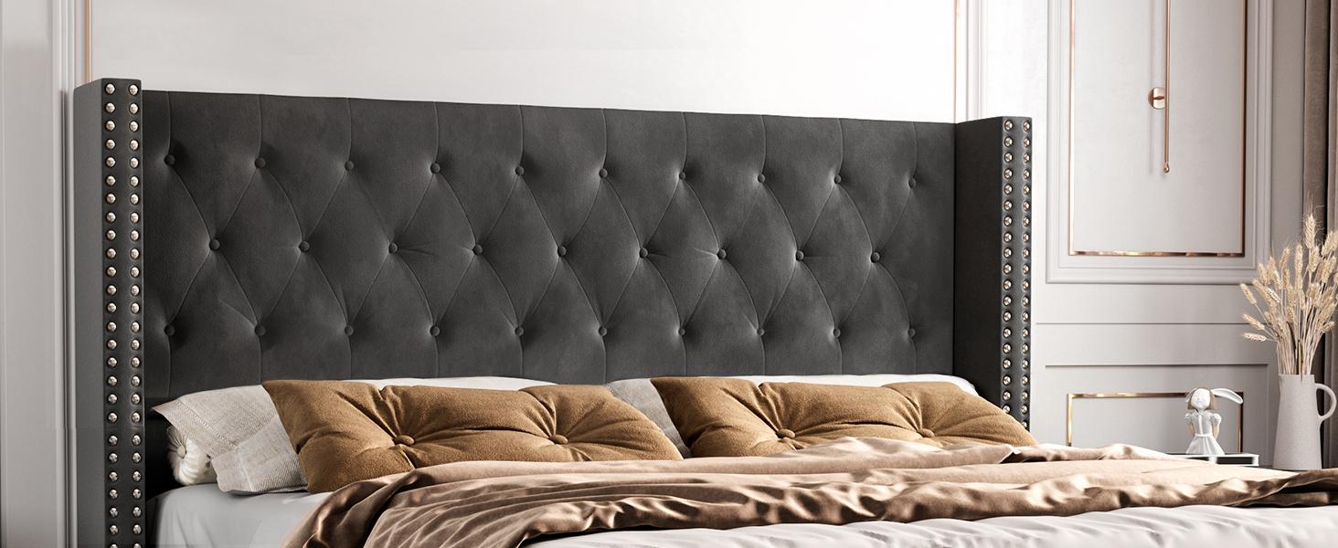 AMERLIFE Bed Frame with 49.2" Wingback Headboard, Upholstered Velvet Bed with Tufted Diamond Button/No Box Spring Needed/Easy Assembly/Christmas Gift