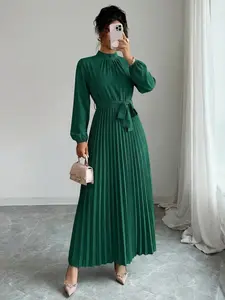 Elegant Spring & Fall Bow Tie Neck Long Sleeve Waist Cinching Pleated Midi Dress Womenswear, Solid Color Chic Party Gown Maid of Honor
