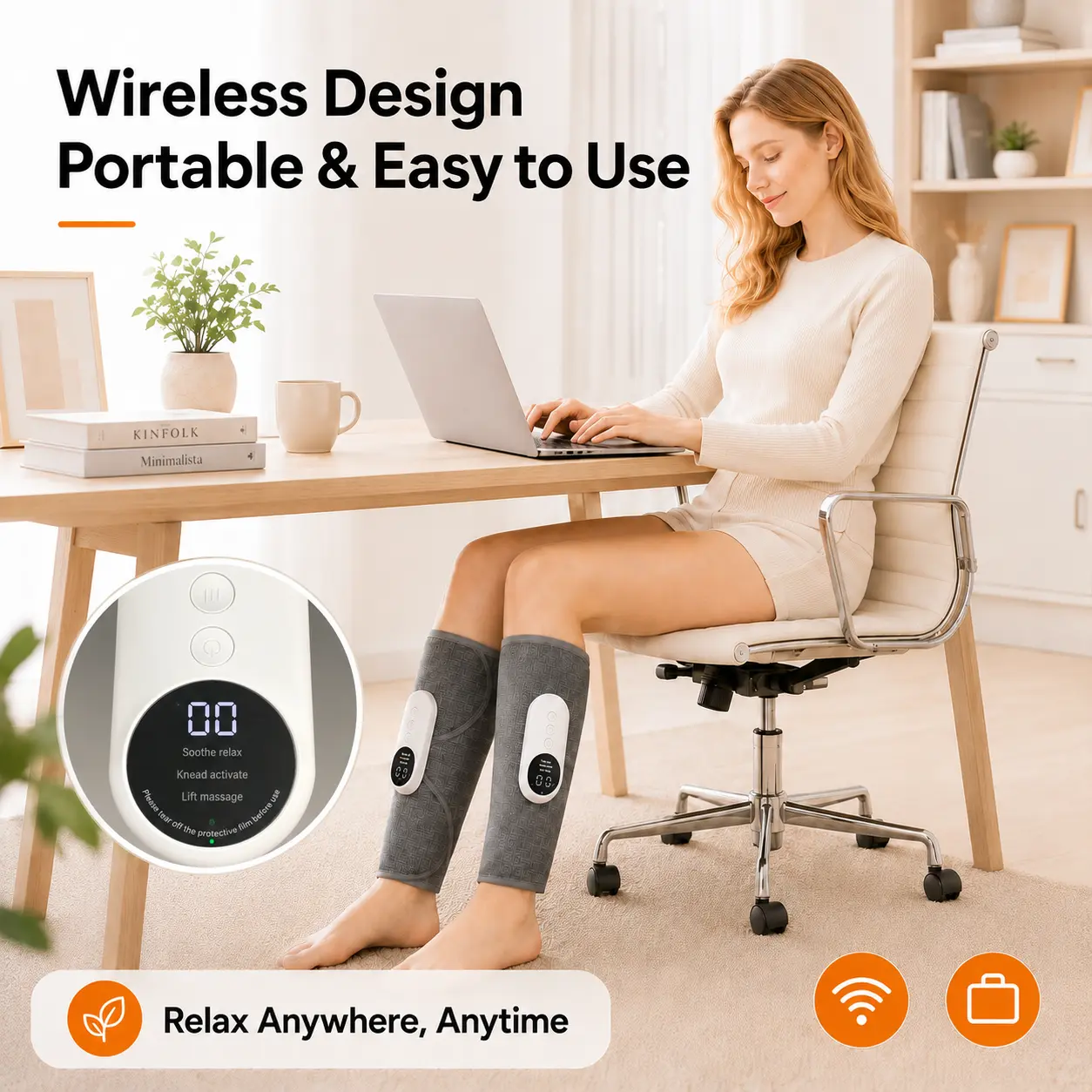 Wireless portable leg massager used at a desk