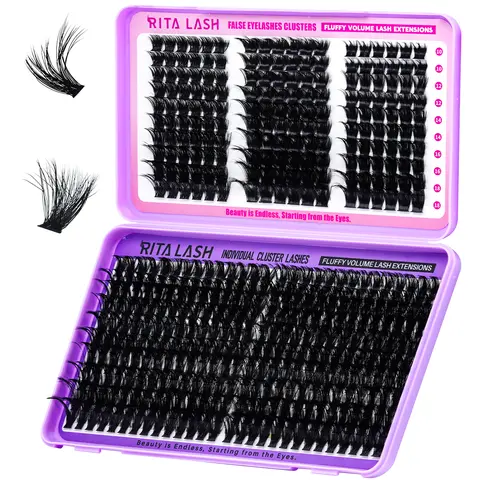 RITALASH Eyelash Clusters Kit, 460pcs 0.07mm Natural Plant Fibers Curved Volume Fluffy Natural Lash Clusters, 10-24mm Mixed Lengths Soft DIY Cosmetic False Lashes for Makeup, Curved Lash Clusters