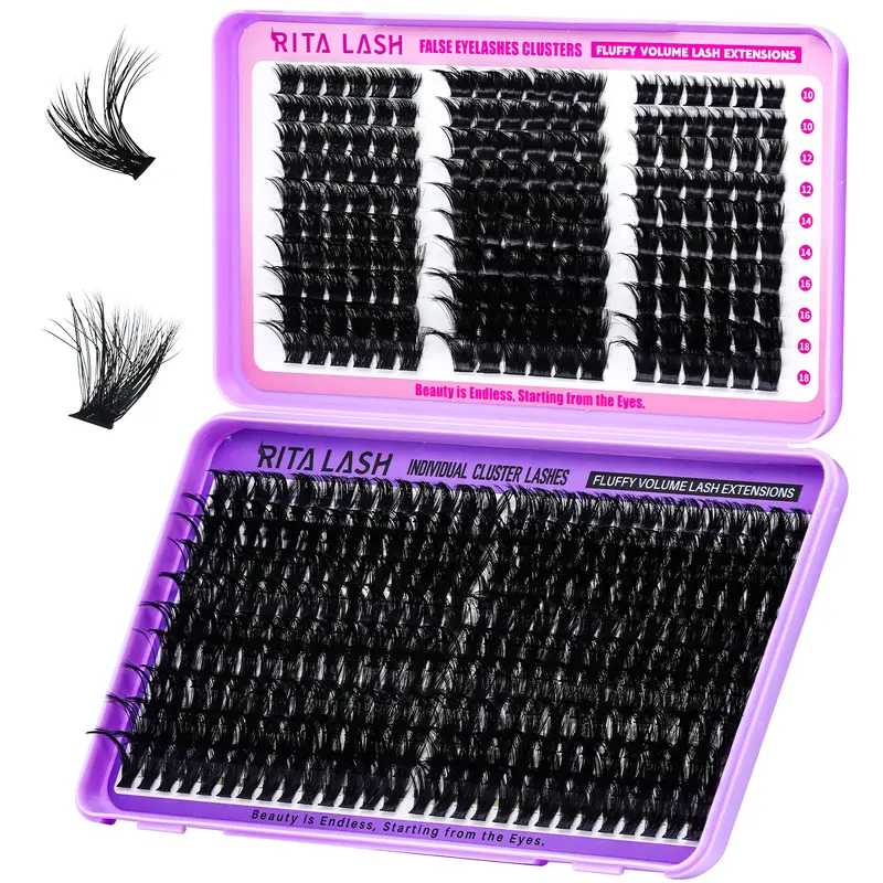 RITALASH Eyelash Clusters Kit, 460pcs 0.07mm Natural Plant Fibers Curved Volume Fluffy Natural Lash Clusters, 10-24mm Mixed Lengths Soft DIY Cosmetic False Lashes for Makeup, Curved Lash Clusters