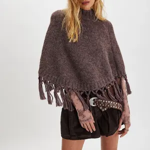 Womens Sweater Ponchos High Neck Loose Fit Solid Color Winter Tassel Capes and Shawls