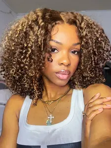 Highlight Brown 4*4 Lace Human Hair Bob Curly Wig, Jerry Curly Remy Hair Wear Go Honey Blonde Short Wigs for Black Women