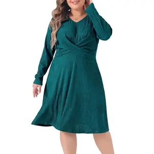 Agnes Orinda Women's Plus Size Long Sleeve Elegant Knitted Criss Cross V Neck Sweater Midi Dress Green 1X