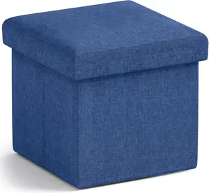 Small Storage Ottoman Foldable Collapsible Cube Square Linen Ottoman Foot Rest Stool Seat, for Living Room, Bedroom,  Office, Dorm - 12 x 12 x 12, Navy Blue