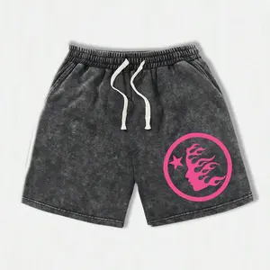 Men’s summer pink athletic shorts with round logo print, washed distressed cotton fabric; casual loose fit with a drawstring waist and pockets; retro street style from the 2000s; suitable for running, golf, fishing, basketball, camping, gym, swimming, and