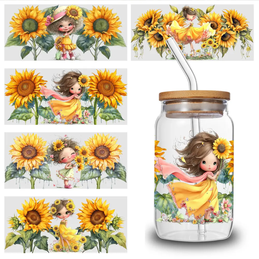 5 Pcs Sunflower Girl UV DTF Stickers - Waterproof Stickers, Glossy, 3D Effect, High-Quality Self-Adhesive Transfer Paper Wraps, 9.4*4.3inch 3D Crystal Labels for 16oz Glass Mug Water Bottle Decor, Uv Dtf Wraps