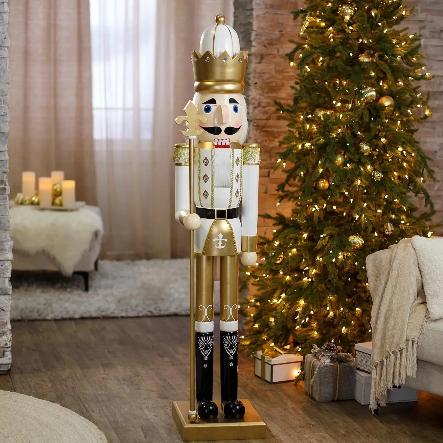5 Ft Giant Classic Gold Wooden Christmas Nutcracker with Scepter, Tall Holiday Soldier Figurine for Home & Entryway Decor