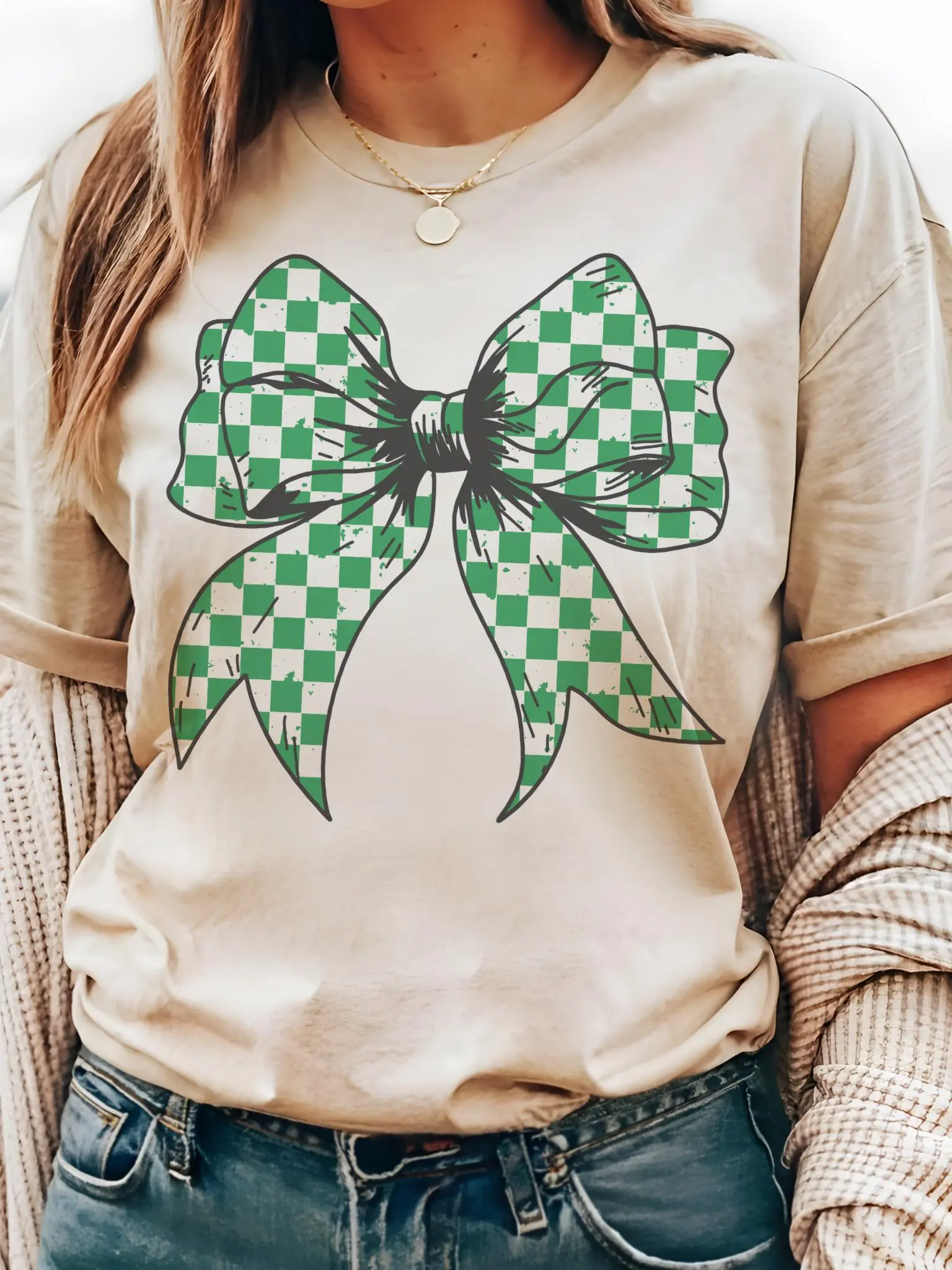 Green Checkered Bow T-Shirt: Game Day School Colors Unisex Tee Cotton Trending