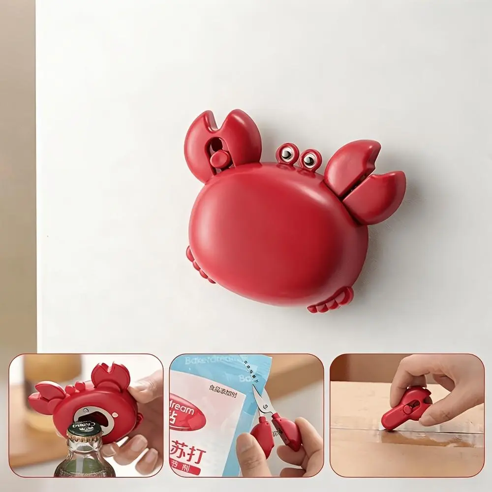 Cute 4-in-1 Crab Magnetic Decorative Bottle Opener Multifunctional Kitchen Gadget with Cutter & Mini Scissors Fridge Magnet