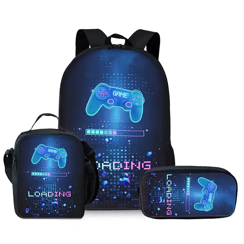 Blue gradient neon glow game controller progress bar print backpack, 3-piece set: backpack, lunch storage bag, cute pencil case; Y2K retro nylon spine pressure relief bookbag for boys/teen school supplies, travel, camping, daypack