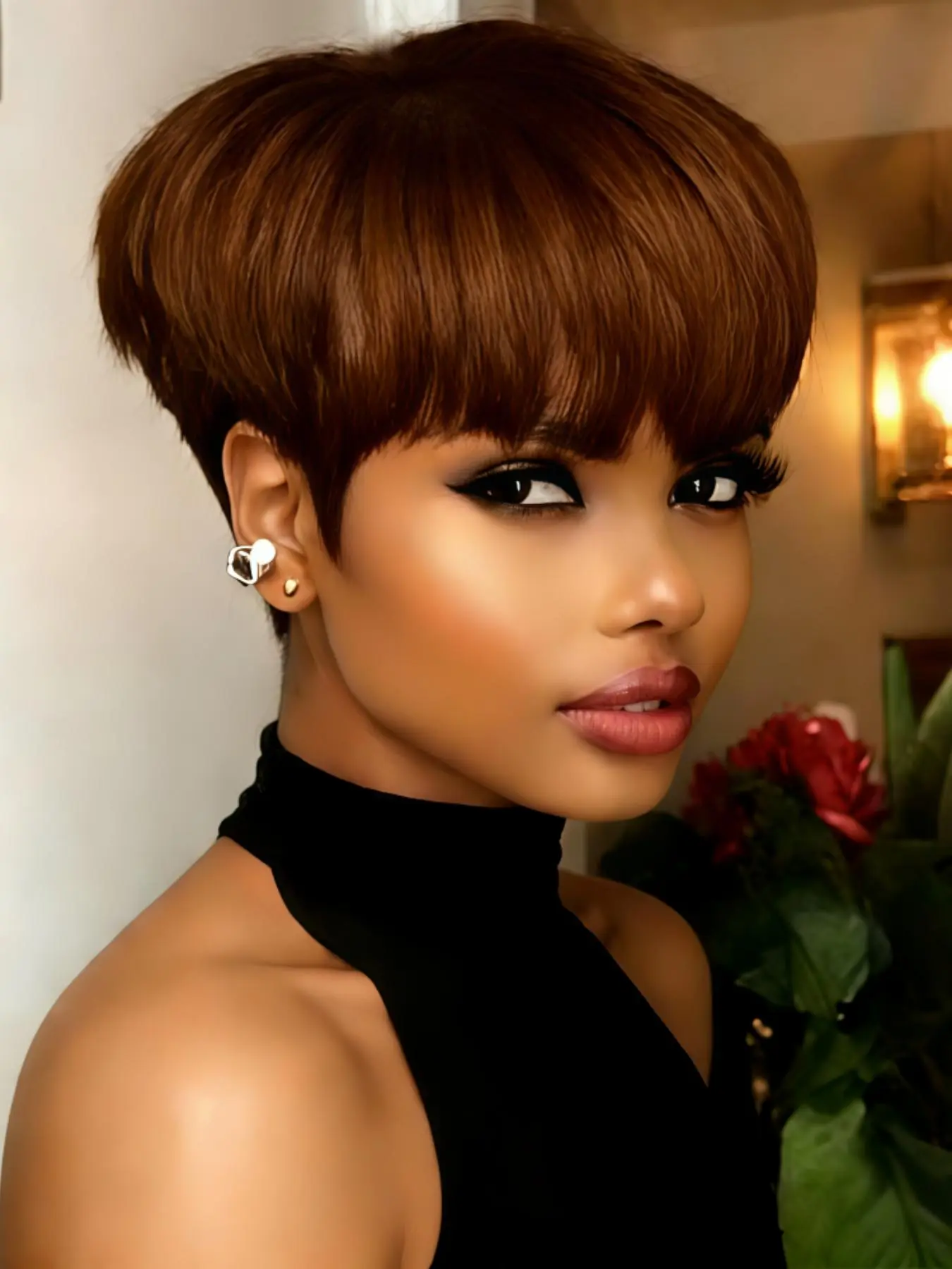 Straight Pixie Wig Human Hair - Full Machine Made Short Human Hair Pixie Cut Wig for Women, Natural Looking Pixie Wig with Bangs, Straight Wigs, Silky Wig