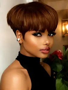 Straight Pixie Wig Human Hair - Full Machine Made Short Human Hair Pixie Cut Wig for Women, Natural Looking Pixie Wig with Bangs, Straight Wigs