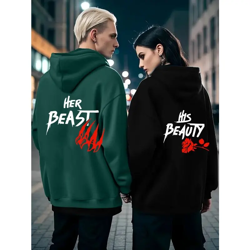 His & Hers Matching Couple Hoodie Black White Bold Letter Flame Heart Graphic Pockets Quick-Dry Lightweight Breathable Polyester Machine Washable All-Season Casual Outdoor Fashion Pullover