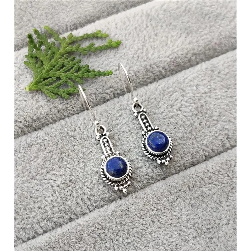 925 Sterling Silver Blue Lapis Lazuli Dangle Earrings Genuine  Women Jewelry