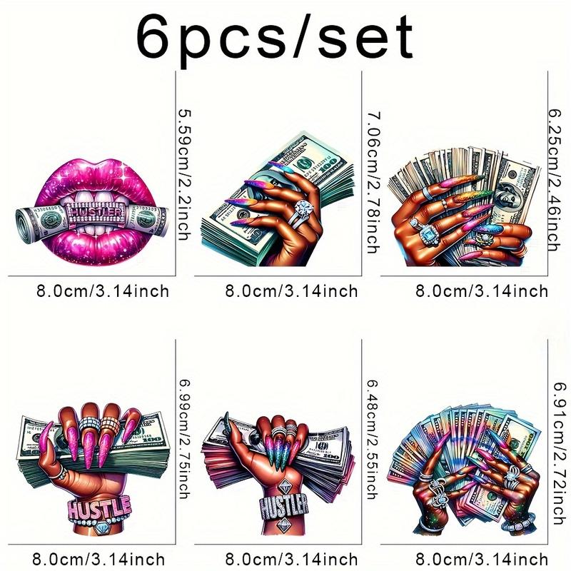 6-Piece DTF Transfer Stickers Set, Luxury Us Dollar Lip & Jewelry Design, Washable Plastic Heat Press Decals for DIY Clothing Accessories