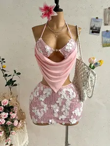 Women’s Sparkly Sequin 2-Piece Set - Halter Top, Asymmetric Hem Shorts, Glam Party Outfit for Birthday, Beach, Festival