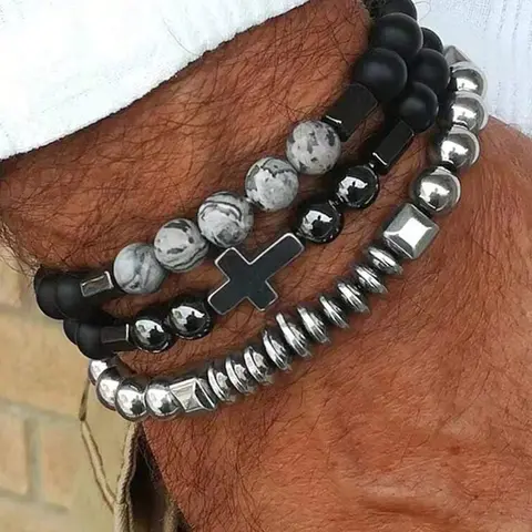 Men's Stainless Steel Cross Pendant Bracelet Set, Casual Beaded Design, Agate Stone, Perfect for Daily Wear & Parties, Beaded Style, Unique Pendant, High Quality Bracelet