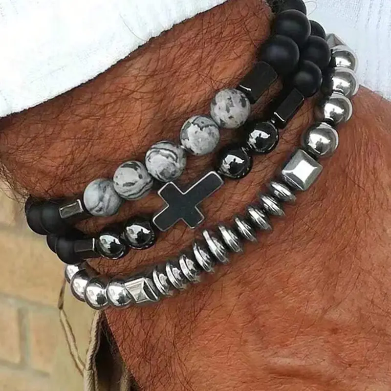 Men's Stainless Steel Cross Pendant Bracelet Set, Casual Beaded Design, Agate Stone, Perfect for Daily Wear & Parties, Beaded Style, Unique Pendant, High Quality Bracelet