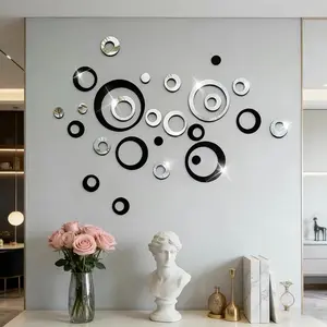 24pcs Silver black combination hollow circularacrylic mirror wall sticker, suitable for homedecoration, living room, bathroom, bedroomback ground wall decoration, home decorationlintel decoration, DIY Removable detachable wall sticker Wall Decal