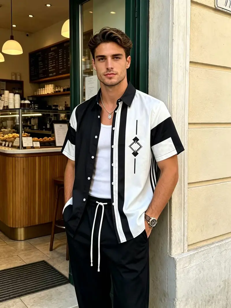 mens black and white striped dress shirt Non-Iron Cotton Stripe Dress Shirt With Contrast Trim