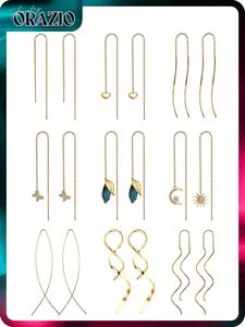 ORAZIO 9 Pairs Threader Earrings for Women Stainless Steel Chain Tassel Earrings Lightweight Double Twist Wave Heart Moon Leaf Design Minimalist Long Chain Earrings Set Perfect for Party & Gift