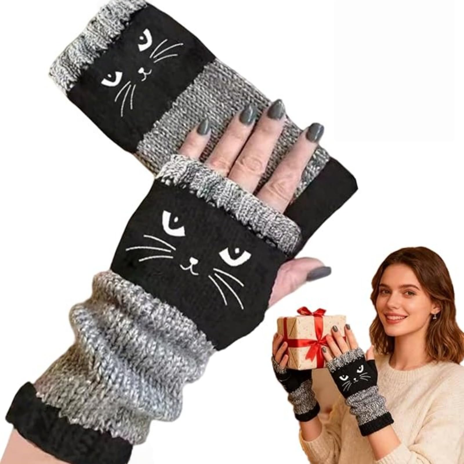 [Buy One Get One Free] These ladies' knitted fingerless gloves with cute cat embroidery patterns are comfortable and fashionable gloves suitable for casual spring wear and festive occasions.