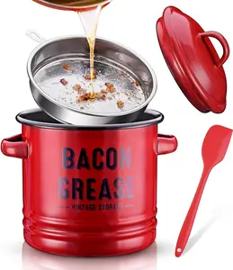 46OZ Bacon Grease Container with Strainer & Silicone Scraper, Enamel Bacon Grease Keeper/saver can for Kitchen, Farmhouse Cooking Oil Container Kitchen Fat Storage with Dual Handles & Lid Filter Stainless Utensils Aesthetic Porcelain Utility
