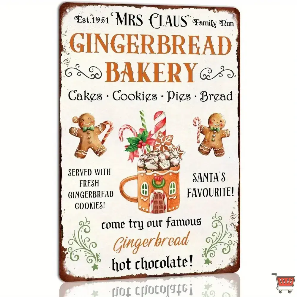 Vintage Mrs Claus Gingerbread Cakes Bakery Metal Wall Sign, 1pc, 7.87in x 11.81in, Distressed Look, Rustic Retro, Durable, Easy to Hang, Winter Holiday Farmhouse Kitchen Home Decor