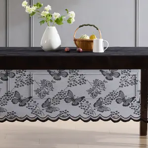 HLC.me Butterfly Floral Lace Fabric Scalloped Tablecloth Premium Wrinkle-Free Classic Design for Family Dinners & Formal Events in Four Colors